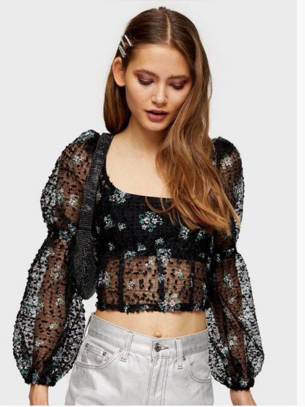 Topshop Black Sheer Floral Lace Cropped Top with Green Accents